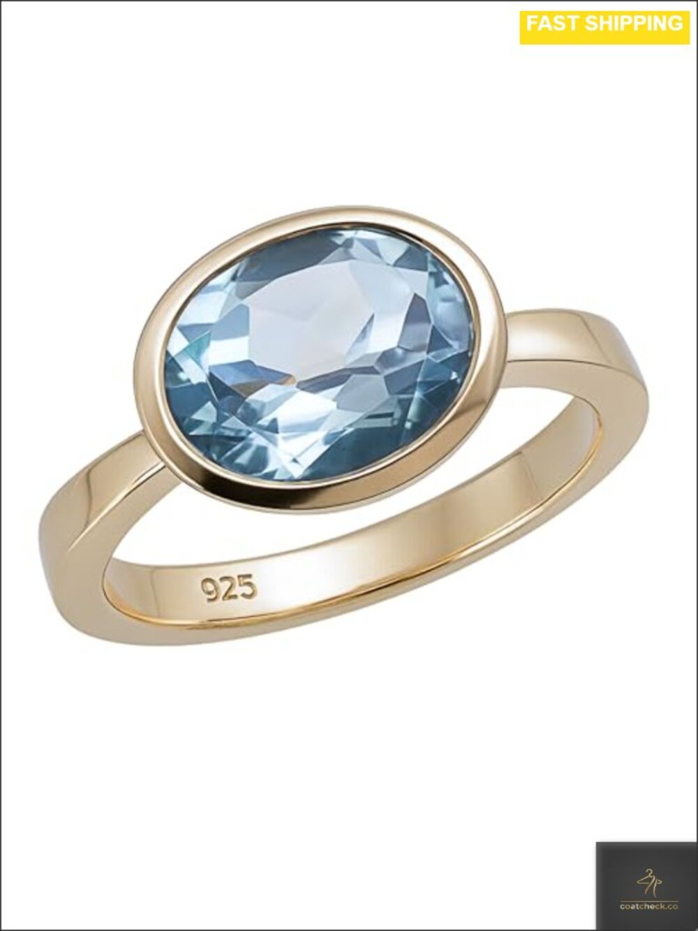 Oval Cut Blue Topaz Bezel Ring 925 Sterling Silver Gold Plated